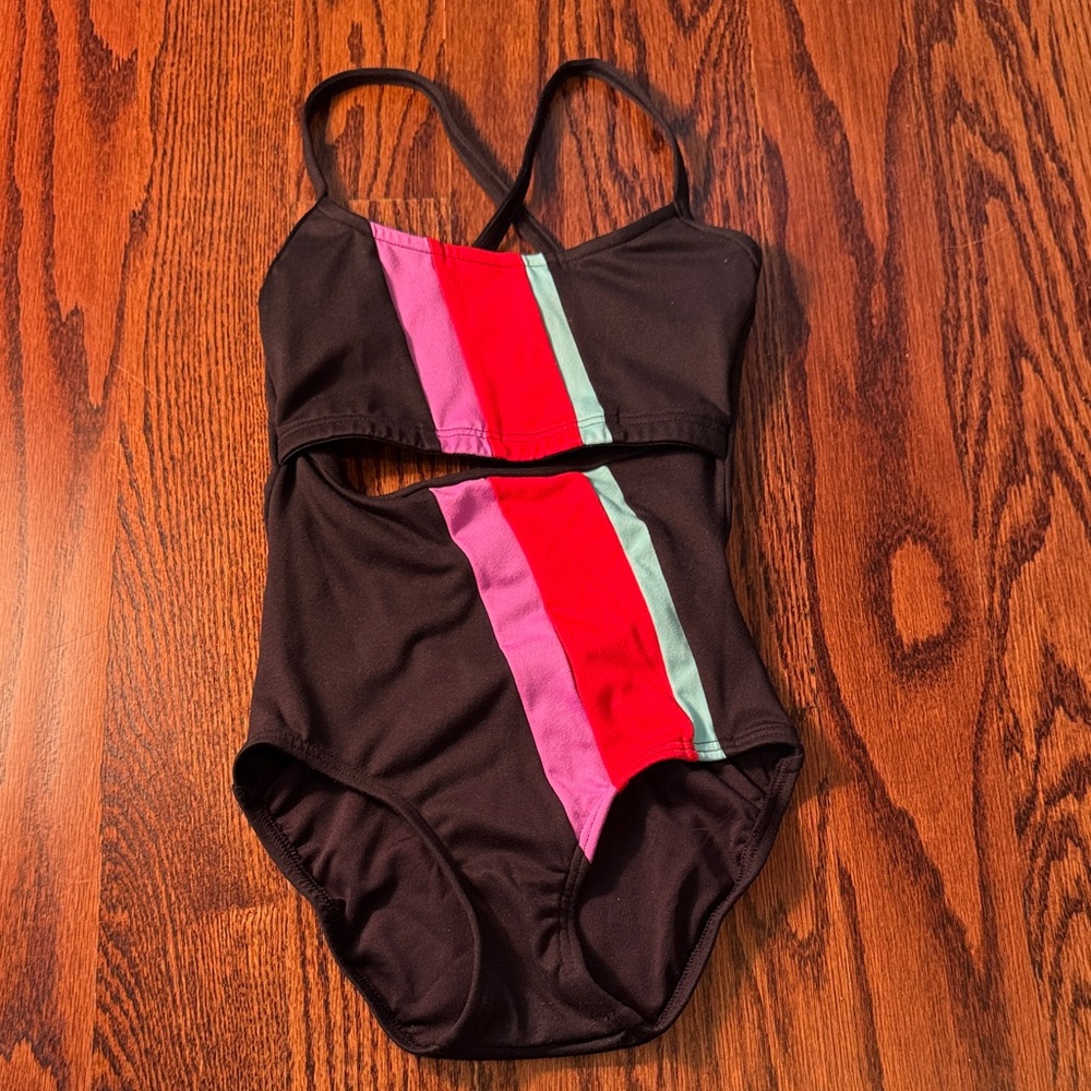 Kids Black One-Piece Swimsuit with Pink, Red & Mint Stripes - Youth